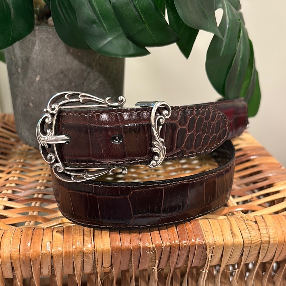 Brighton Brown Croc-Embossed Leather Belt with Silver Filigree Buckle